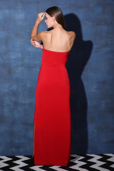 Shop_Swatee Singh_Red Crepe Off-shoulder Tube Knot Maxi Gown _at_Aza_Fashions