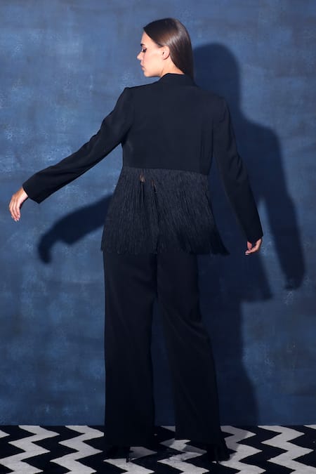 Shop Swatee Singh Black Crepe Fringe Mania Blazer Jacket at Aza Fashions Shop_Swatee Singh_Black Crepe Fringe Mania Blazer Jacket _at_Aza_Fashions