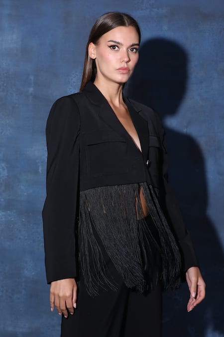 Swatee Singh Black Crepe Fringe Mania Blazer Jacket Online at Aza Fashions Swatee Singh_Black Crepe Fringe Mania Blazer Jacket _Online_at_Aza_Fashions