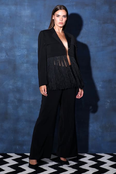 Buy Swatee Singh Black Crepe Fringe Mania Blazer Jacket Online at Aza Fashions Buy_Swatee Singh_Black Crepe Fringe Mania Blazer Jacket _Online_at_Aza_Fashions