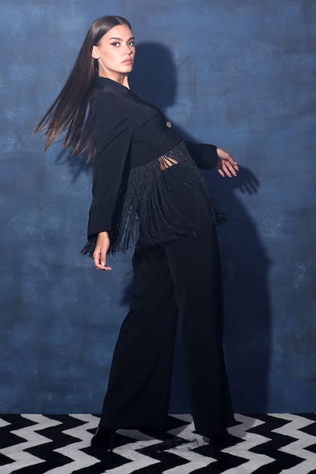 Shop Swatee Singh Black Crepe Fringe Mania Blazer Jacket Online at Aza Fashions Shop_Swatee Singh_Black Crepe Fringe Mania Blazer Jacket _Online_at_Aza_Fashions