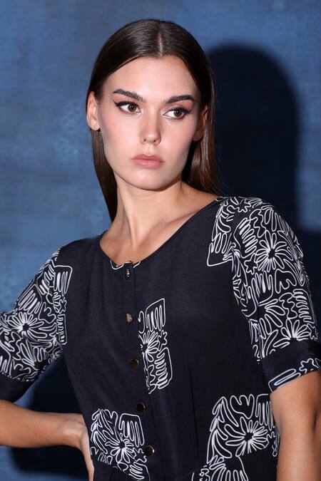 Shop Swatee Singh Black Crepe Round Neck Lily Scribble Print Mini Jumpsuit Online at Aza Fashions Shop_Swatee Singh_Black Crepe Round Neck Lily Scribble Print Mini Jumpsuit _Online_at_Aza_Fashions