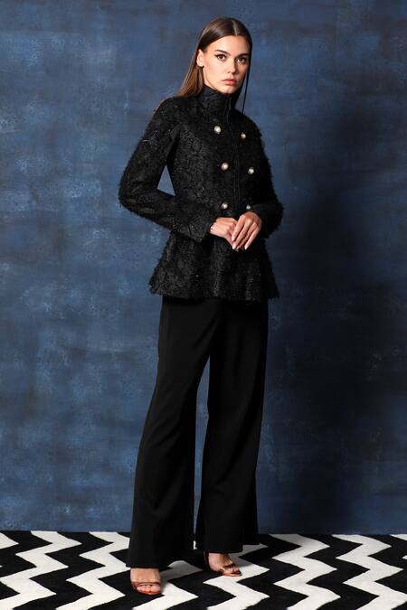 Swatee Singh Black Georgette Embroidery Embellished Turtle Neck Blazer Top Online at Aza Fashions Swatee Singh_Black Georgette Embroidery Embellished Turtle Neck Blazer Top_Online_at_Aza_Fashions