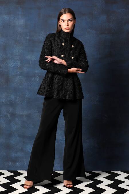 Swatee Singh Black Georgette Embroidery Embellished Turtle Neck Blazer Top at Aza Fashions Swatee Singh_Black Georgette Embroidery Embellished Turtle Neck Blazer Top_at_Aza_Fashions