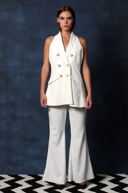 Shop Swatee Singh Ivory Crepe Halter Neck Blazer Top With Bell Bottom Pant Online at Aza Fashions Shop_Swatee Singh_Ivory Crepe Halter Neck Blazer Top With Bell Bottom Pant _Online_at_Aza_Fashions