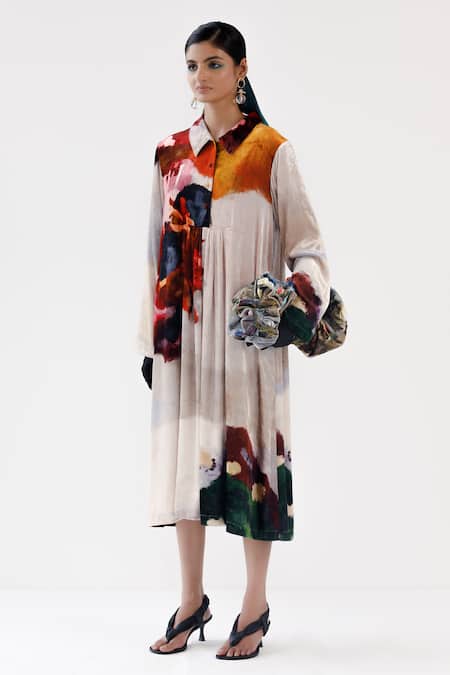 Yavi_Multi Color Silk, Velvet Collared Lara Dress _Online_at_Aza_Fashions