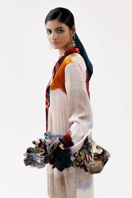 Buy_Yavi_Multi Color Silk, Velvet Collared Lara Dress _Online_at_Aza_Fashions