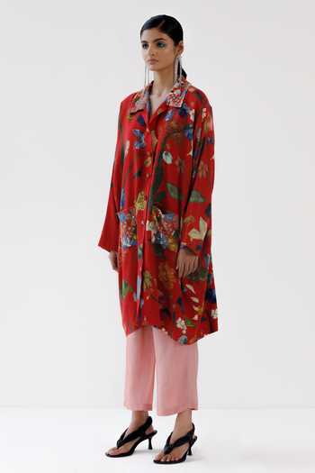 Yavi_Red Cotton, Wool Collared Lucy Floral Print Jacket _Online_at_Aza_Fashions