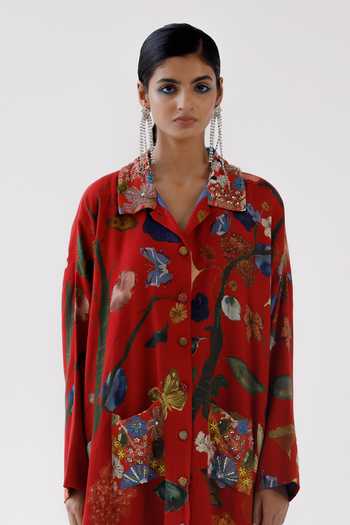 Buy_Yavi_Red Cotton, Wool Collared Lucy Floral Print Jacket _Online_at_Aza_Fashions