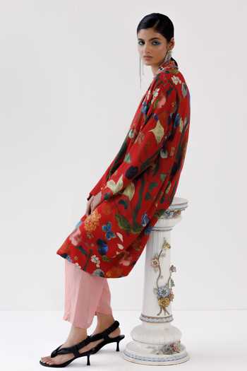 Shop_Yavi_Red Cotton, Wool Collared Lucy Floral Print Jacket _Online_at_Aza_Fashions