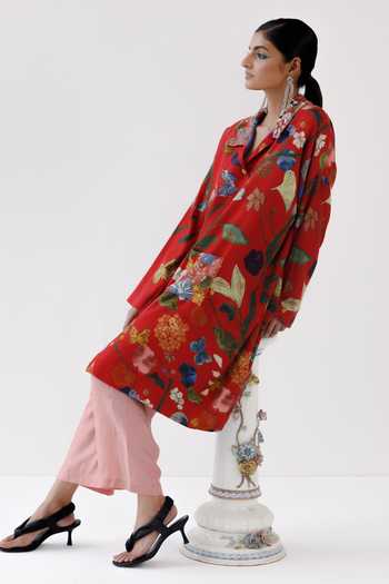 Yavi_Red Cotton, Wool Collared Lucy Floral Print Jacket _at_Aza_Fashions