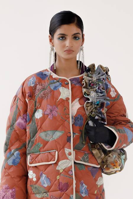 Buy_Yavi_Orange Taffeta Round Neck Luna Floral Pattern Quilted Jacket _Online_at_Aza_Fashions