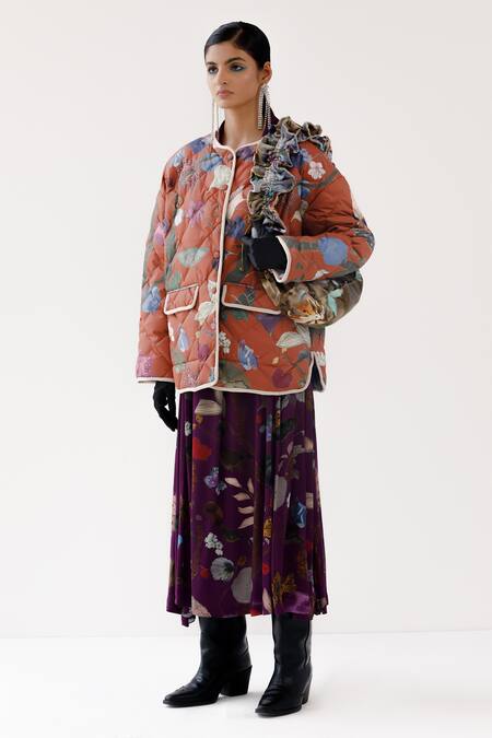 Shop_Yavi_Orange Taffeta Round Neck Luna Floral Pattern Quilted Jacket _Online_at_Aza_Fashions