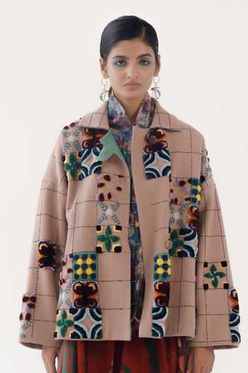 Yavi_Pink Wool Embroidery Collared Lyra Floral Jacket _Online_at_Aza_Fashions