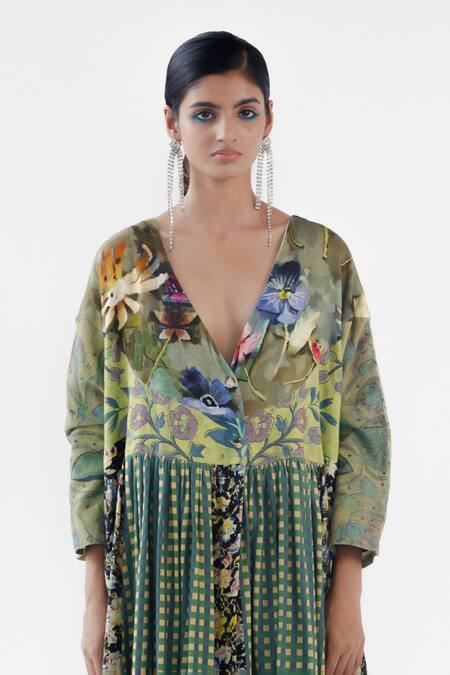 Yavi_Multi Color Cotton, Wool Embroidery V-neck Maren Floral Print Dress _Online_at_Aza_Fashions