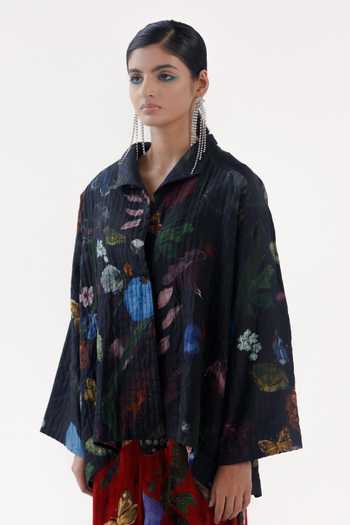 Shop_Yavi_Black Silk Collared Margo Jacket _Online_at_Aza_Fashions