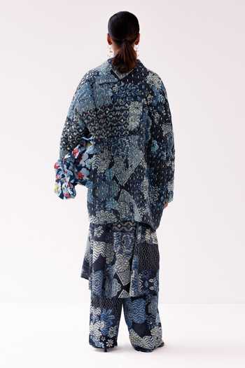 Shop Yavi Blue Cotton Collared Moly Floral Pattern Jacket at Aza Fashions Shop_Yavi_Blue Cotton Collared Moly Floral Pattern Jacket _at_Aza_Fashions