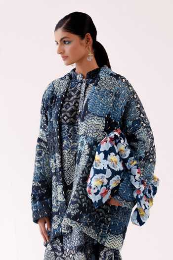 Yavi Blue Cotton Collared Moly Floral Pattern Jacket Online at Aza Fashions Yavi_Blue Cotton Collared Moly Floral Pattern Jacket _Online_at_Aza_Fashions