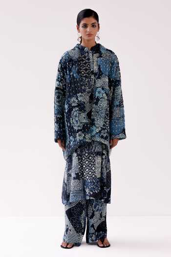 Shop Yavi Blue Cotton Collared Moly Floral Pattern Jacket Online at Aza Fashions Shop_Yavi_Blue Cotton Collared Moly Floral Pattern Jacket _Online_at_Aza_Fashions