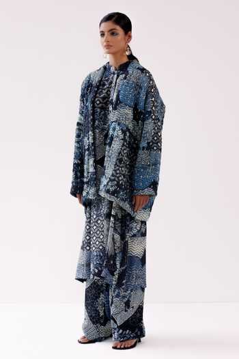 Yavi Blue Cotton Collared Moly Floral Pattern Jacket at Aza Fashions Yavi_Blue Cotton Collared Moly Floral Pattern Jacket _at_Aza_Fashions