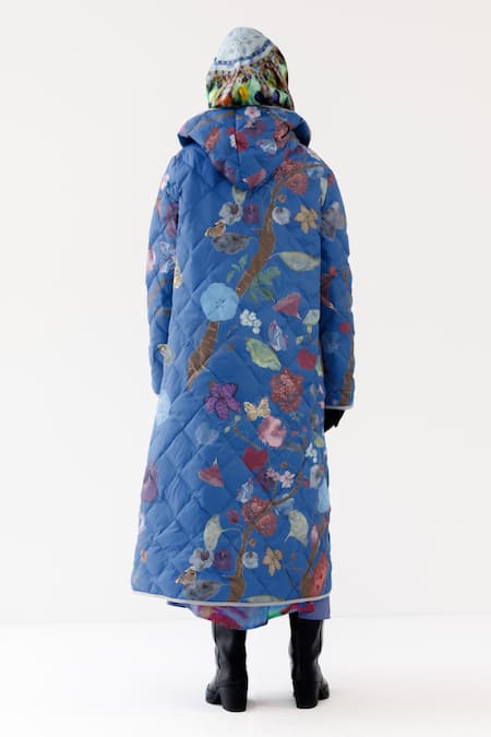 Shop Yavi Blue Taffeta Halter Neck Nova Floral Print Jacket at Aza Fashions Shop_Yavi_Blue Taffeta Halter Neck Nova Floral Print Jacket _at_Aza_Fashions