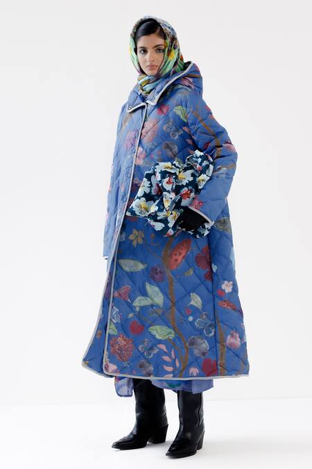 Shop Yavi Blue Taffeta Halter Neck Nova Floral Print Jacket Online at Aza Fashions Shop_Yavi_Blue Taffeta Halter Neck Nova Floral Print Jacket _Online_at_Aza_Fashions