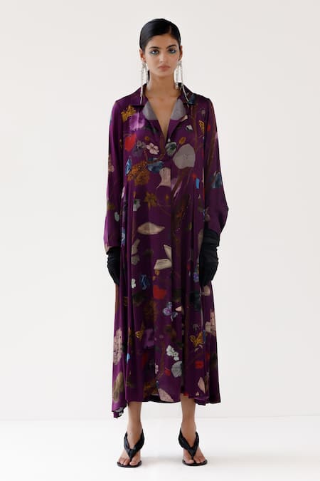 Yavi_Purple Silk Embroidery Collared Robbin Dress _Online_at_Aza_Fashions
