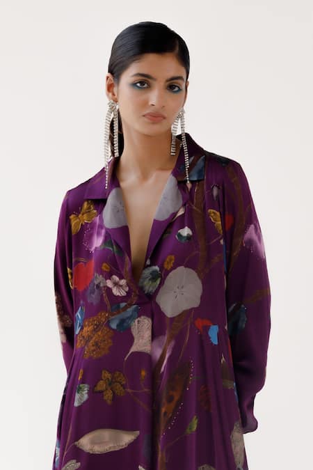 Shop_Yavi_Purple Silk Embroidery Collared Robbin Dress _Online_at_Aza_Fashions