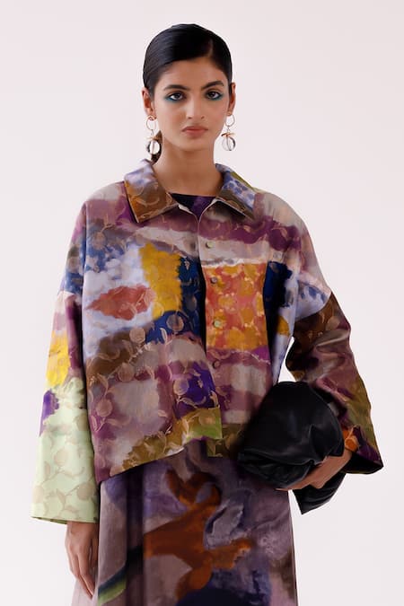Yavi_Multi Color Brocade Embroidery Collared Sage Floral Pattern Jacket _Online_at_Aza_Fashions