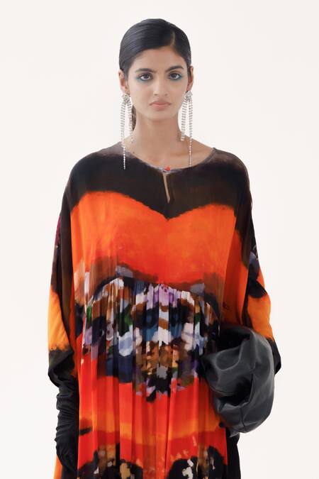 Yavi Orange Crepe Round Neck Scarlet Abstract Pattern Dress Online at Aza Fashions Yavi_Orange Crepe Round Neck Scarlet Abstract Pattern Dress _Online_at_Aza_Fashions