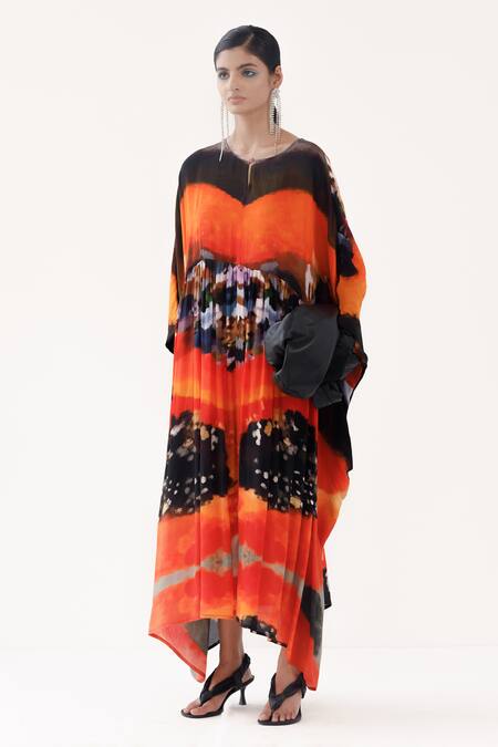 Buy Yavi Orange Crepe Round Neck Scarlet Abstract Pattern Dress Online at Aza Fashions Buy_Yavi_Orange Crepe Round Neck Scarlet Abstract Pattern Dress _Online_at_Aza_Fashions