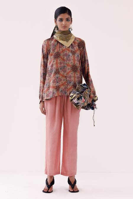 Yavi_Pink Silk Mandarin Collar Sia Printed Top _Online_at_Aza_Fashions