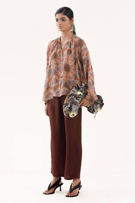 Shop_Yavi_Pink Silk Mandarin Collar Sia Printed Top _Online_at_Aza_Fashions