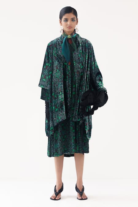 Yavi Green Silk Velvet Print Geometric Straight Stella Jacket