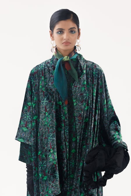 Yavi_Green Silk, Velvet Collared Stella Jacket _Online_at_Aza_Fashions