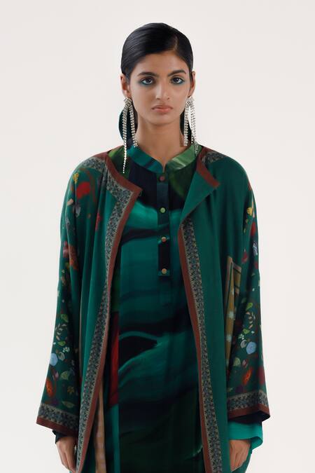 Yavi_Green Cotton, Wool Embroidery Collared Tessa Floral Print Jacket _Online_at_Aza_Fashions