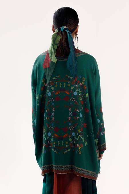 Shop_Yavi_Green Cotton, Wool Embroidery Collared Tessa Floral Print Jacket _Online_at_Aza_Fashions