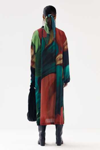 Shop Yavi Green Silk Mandarin Collar Thea Dress at Aza Fashions Shop_Yavi_Green Silk Mandarin Collar Thea Dress _at_Aza_Fashions