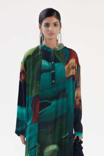 Yavi Green Silk Mandarin Collar Thea Dress Online at Aza Fashions Yavi_Green Silk Mandarin Collar Thea Dress _Online_at_Aza_Fashions