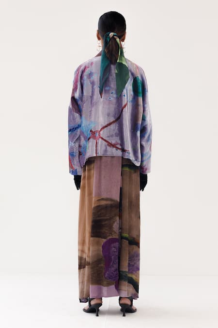 Shop Yavi Purple , Satin Open Neck Ada Woodblock Print Jacket at Aza Fashions Shop_Yavi_Purple , Satin Open Neck Ada Woodblock Print Jacket _at_Aza_Fashions