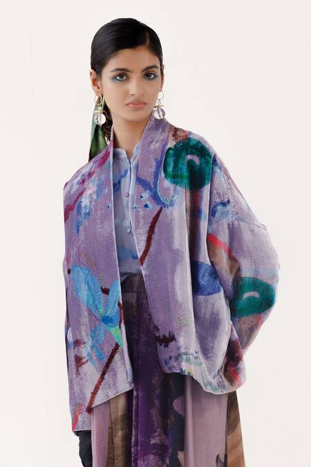 Yavi Purple , Satin Open Neck Ada Woodblock Print Jacket Online at Aza Fashions Yavi_Purple , Satin Open Neck Ada Woodblock Print Jacket _Online_at_Aza_Fashions