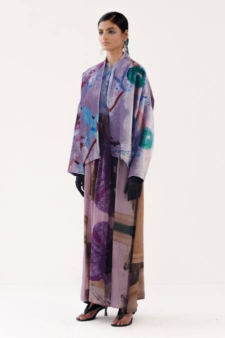 Shop Yavi Purple , Satin Open Neck Ada Woodblock Print Jacket Online at Aza Fashions Shop_Yavi_Purple , Satin Open Neck Ada Woodblock Print Jacket _Online_at_Aza_Fashions