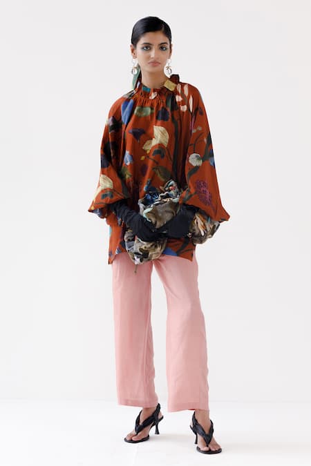 Shop Yavi Orange Silk Round Neck Ava Bloom Garden Print Top at Aza Fashions Shop_Yavi_Orange Silk Round Neck Ava Bloom Garden Print Top _at_Aza_Fashions