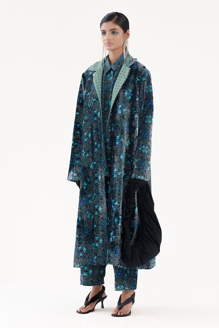 Yavi_Blue Silk, Velvet Collared Aylin Kaleidoscope Mystic Print Long Jacket _Online_at_Aza_Fashions