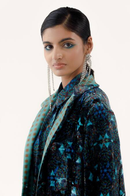 Yavi_Blue Silk, Velvet Collared Aylin Kaleidoscope Mystic Print Long Jacket _at_Aza_Fashions