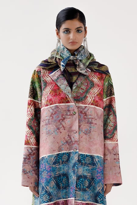 Yavi_Multi Color Brocade Collared Eleanor Jaal Long Jacket _Online_at_Aza_Fashions