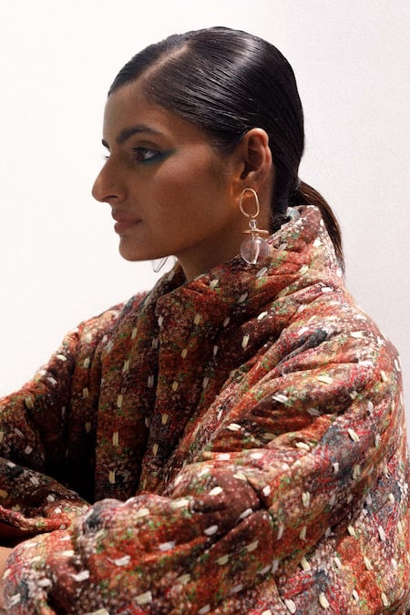 Yavi_Multi Color Cotton Embroidery Mandarin Collar Haven Artsy Print Quilted Jacket _Online_at_Aza_Fashions