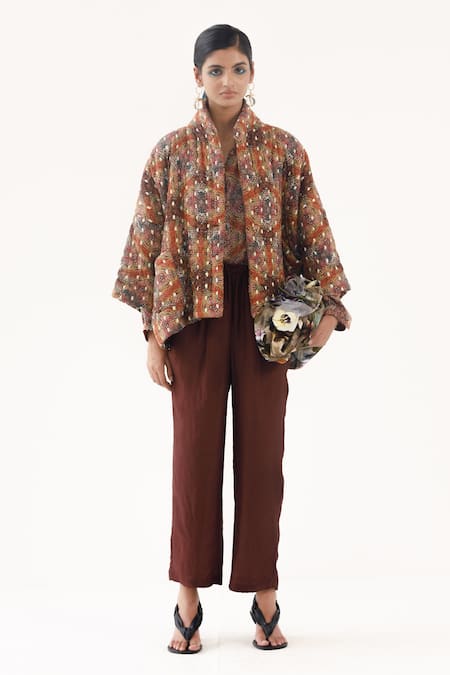 Shop_Yavi_Multi Color Cotton Embroidery Mandarin Collar Haven Artsy Print Quilted Jacket _Online_at_Aza_Fashions