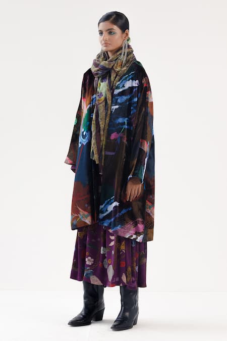 Buy_Yavi_Blue Silk, Velvet Open Neck Jane Midnight Bloom Jacket _Online_at_Aza_Fashions