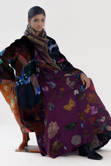 Shop_Yavi_Blue Silk, Velvet Open Neck Jane Midnight Bloom Jacket _Online_at_Aza_Fashions